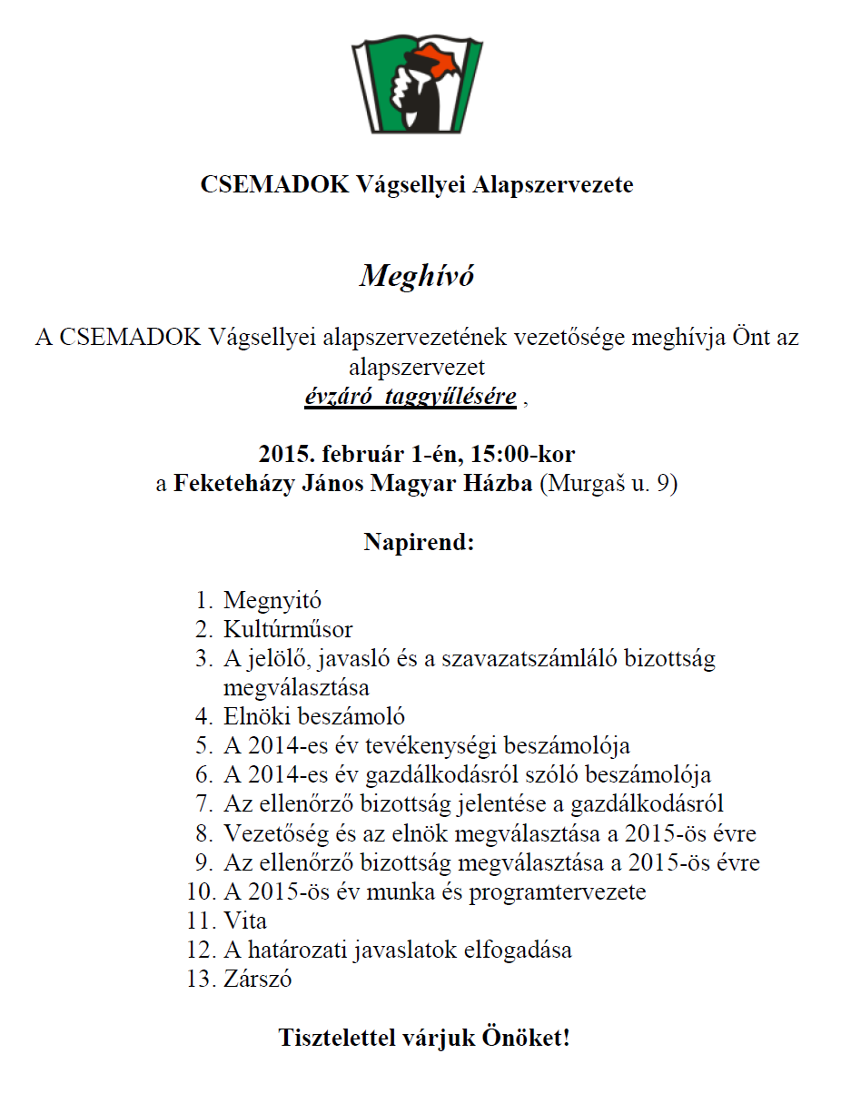 Meghívó - CSEMADOK évzáró 2015