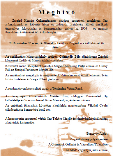Emlékmű avatás - meghívó Zsigárdra